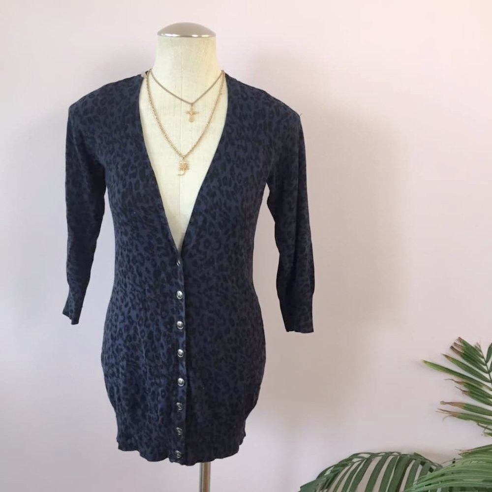 Blue Leopard Print Long Cardigan
